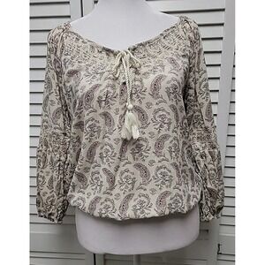 American Eagle Outfitters Cream Boho  Paisley Peasant Top Women's SZ P/S Tassel